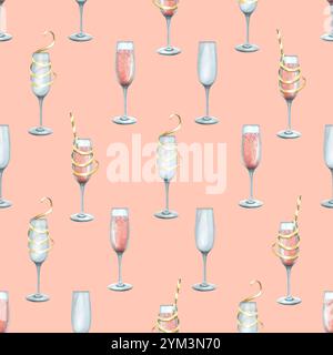 Verres avec du vin de champagne rose, avec des tubes à cocktails et des rubans festifs sur un fond rose. Illustration d'aquarelle dessinée à la main. Motif sans couture Banque D'Images