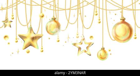 Boules de Noël dorées et étoiles suspendues sur des perles avec des étoiles scintillantes. Noël, nouvel an, illustration aquarelle d'hiver dessinée à la main. Sans couture Banque D'Images