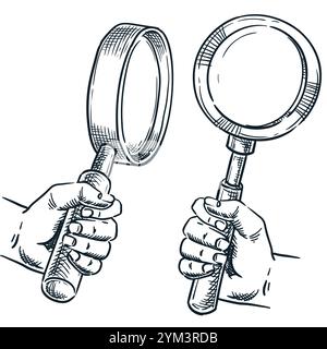 Main humaine tenant une loupe. Illustration d'esquisse dessinée à la main vectorielle. Recherche, recherche, analyse de concept. Icône de gribouillage d'exploration commerciale, Illustration de Vecteur