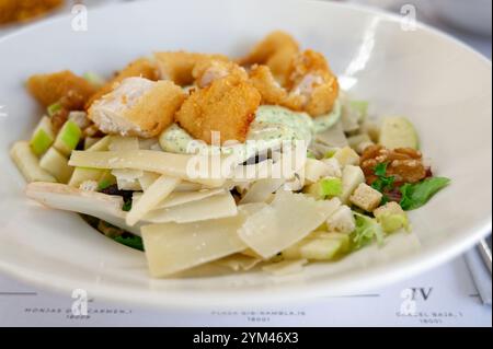 Une salade César dense avec du poulet croustillant, du parmesan rasé et une vinaigrette crémeuse aux herbes Banque D'Images