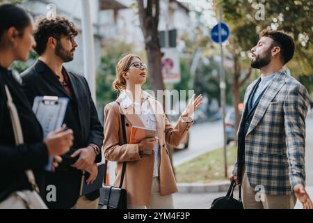 Des gens d'affaires engagés dans la discussion lors d'une réunion en plein air Banque D'Images