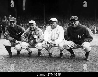 Les légendes du baseball Babe Ruth, Lou Gehrig, Ty Cobb et Tris Speaker, avril 1928 Banque D'Images