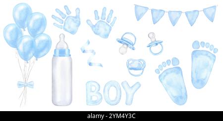 Newborn boy banner set, blue flags, milk bottle, pacifier, footprint, handprint, bow, balloon. Hand drawn watercolor illustration isolated white Banque D'Images