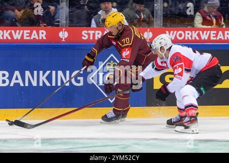 Genève, Suisse. 20 novembre 2024. Genève, Suisse, 20 novembre 2024 : Teemu Hartikainen (70 Geneve-Servette HC) en action (gros plan) lors du match de la Ligue des Champions entre Geneve-Servette HC et HC Lausanne aux Vernets de Genève, Suisse (Giuseppe Velletri/SPP) crédit : SPP Sport Press photo. /Alamy Live News Banque D'Images