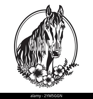 Tête de cheval avec des fleurs et des feuilles. Illustration vectorielle. Style dessiné à la main. Modèles pour la découpe laser, conception de cartes, intérieur et arbre de Noël d Illustration de Vecteur