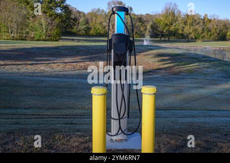 Chargeur EV deux rectangles vierges pour l'information deux types de charge gère le fond des arbres herbe et étang Banque D'Images