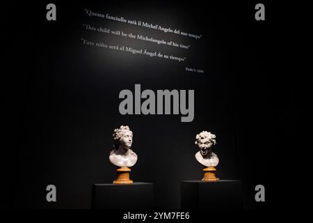 Cité du Vatican, Vatican. 19 novembre 2024. Une vue générale de l'exposition de 'les âmes du Bernin' où les deux sculptures sont exposées : l'âme bénie (l) et l'âme damnée (R). L'exposition 'les âmes du Bernin' s'ouvre aux musées du Vatican à la Cité du Vatican. ìThe âmes de Berniniî du 19 novembre exposera exceptionnellement, dans les salles de la Pinacothèque du Vatican, deux sculptures de jeunesse de Gian Lorenzo Bernini créées en 1619 : la Bienheureuse âme et la damnée âme. (Photo de Stefano Costantino/SOPA images/Sipa USA) crédit : Sipa USA/Alamy Live News Banque D'Images