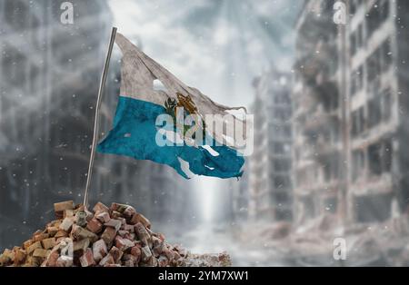Drapeau Saint-Marin sale et déchiré, symbole de résistance et de victoire. Une scène de guerre et de dévastation, les ruines d'une ville détruite par les conflits. Rende 3D. Banque D'Images