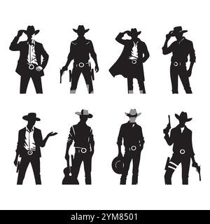 Ensemble de silhouette de cowboy sur fond blanc Illustration de Vecteur