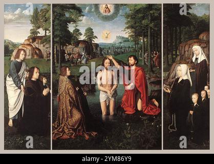 Le baptême du Christ ou Triptyque de Jan des trompes est un retable peint entre 1502 et 1508 par le peintre flamand Gérard David. Il est maintenant dans le Groeningemuseum à Bruges, en Belgique. Banque D'Images