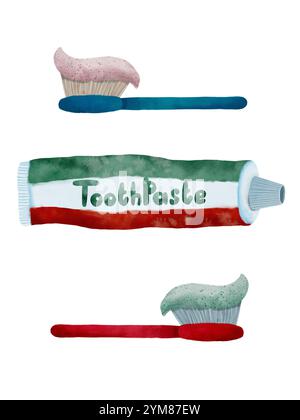 Une illustration vibrante, colorée et ludique mettant en valeur un délicieux design de dentifrice aux côtés d'une brosse à dents. Objets isolés sur fond blanc pour la conception d'un livret, flyer, sites web, articles, e-pack, étiquette ou publicité. Art numérique dans le style aquarelle. Banque D'Images