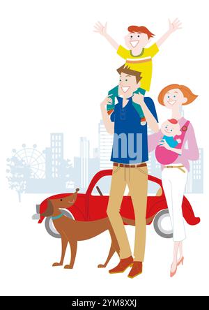 Parent et enfant chevauchant sur les épaules avec chien et voiture Banque D'Images