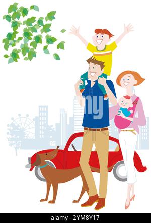 Parent et enfant chevauchant sur les épaules avec chien et voiture Banque D'Images