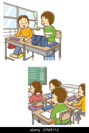 Garçon prenant son siège à l'école, garçon prenant cours en classe Banque D'Images
