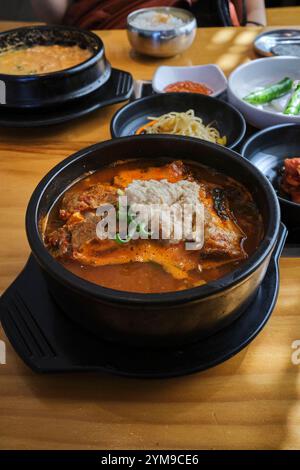 Un bol vapeur de yukgaejang, soupe épicée au bœuf coréen avec des légumes servis avec des plats d'accompagnement coréens (barchan) sur le côté Banque D'Images