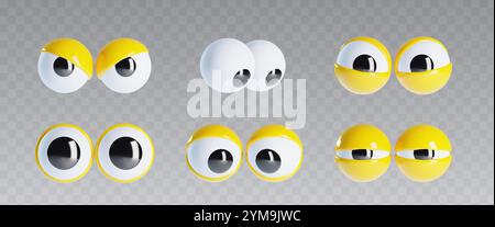 Yeux googly fixés isolés sur fond transparent. Illustration réaliste vectorielle de globes oculaires de personnage comique avec des paupières jaunes, mascotte dingo regardant surpris, fou, suspect, effrayé, attentif Illustration de Vecteur