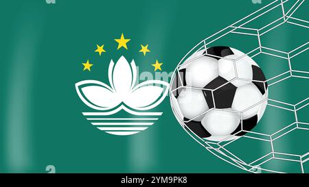 Football ballon de football dans Goal Net isolé sur le drapeau de Macao, équipement accessoire de sport Illustration de Vecteur