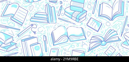 Motif livres ouverts. Ligne graphique doodle imprimé sur fond blanc. Bibliothèque, leçon à l'école, conférence à l'université Illustration de Vecteur