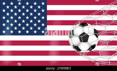 Soccer ballon de football dans Goal Net isolé sur le drapeau des États-Unis, équipement accessoire de sport Illustration de Vecteur