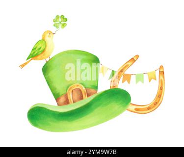 Chapeau de leprechaun vert avec fer à cheval doré et oiseau tenant quatre feuilles trèfle avec des drapeaux. Illustration aquarelle de la Journée de Patrick. Dessiné à la main Banque D'Images
