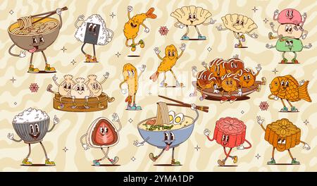 Cuisine asiatique rétro groovy caractères chinois, japonais, coréens et desserts. Caricature groovy riz et bols à nouilles, soupe ramen et plats vectoriels de gâteau de poisson. Boules de poulpe drôles, tempura de crevettes Illustration de Vecteur