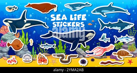 Bande dessinée animaux sous-marins autocollants paquet de vie marine, vecteur sous-marin ensemble de poissons. Drôle de personnages de dessins animés sous-marins et sous-marins autocollants de requin et de dauphin avec calmar, crabe ou thon et hippocampe Illustration de Vecteur