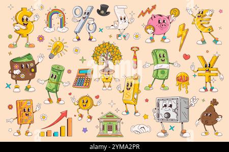Dessins animés rétro groovy personnages financiers et symboles de l'argent et de la banque. Drôle de sourire hippie pièces de monnaie et portefeuille avec des personnages vectoriels dollars. Bonne carte de crédit, tirelire, coffre-fort, sac d'argent vintage Illustration de Vecteur