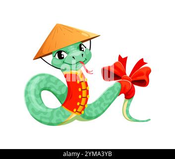 Personnage de serpent de dessin animé représente un symbole ludique pour l'année lunaire chinoise 2025. Animal reptile zodiaque mignon avec des yeux souriants heureux, porte un chapeau conique jaune asiatique traditionnel, un arc rouge et un gilet Illustration de Vecteur