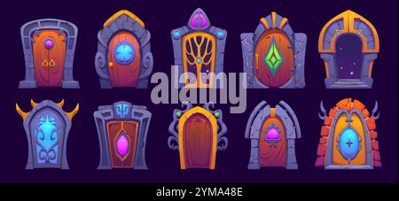 Portails de porte magique fantaisie, atout de jeu. Portes magiques de dessin animé vectoriel, portails et arches en pierre avec cadres de porte futuristes et vortex de lumière magique. Univers extraterrestre, espace ou entrée du monde parallèle Illustration de Vecteur