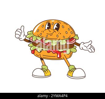 Personnage de hamburger de restauration rapide de dessin animé rétro groovy avec visage drôle, vecteur comique compris Hamburger ou cheeseburger de fast food groovy funky avec un geste de pouce vers le haut et un sourire joyeux bizarre dans un dessin animé rétro Illustration de Vecteur