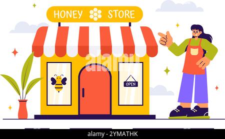 Honey Store illustration vectorielle mettant en vedette des produits naturels tels que des pots de miel, des abeilles et des nids d'abeilles pour la consommation dans un fond de style plat Illustration de Vecteur