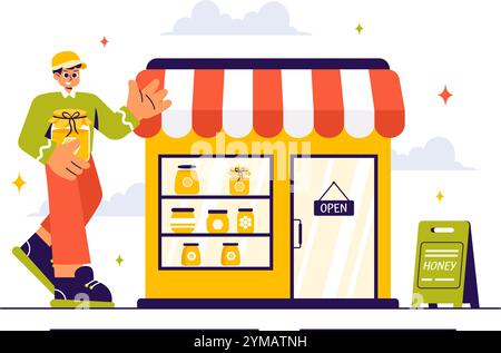 Honey Store illustration vectorielle mettant en vedette des produits naturels tels que des pots de miel, des abeilles et des nids d'abeilles pour la consommation dans un fond de style plat Illustration de Vecteur