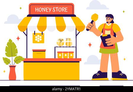 Honey Store illustration vectorielle mettant en vedette des produits naturels tels que des pots de miel, des abeilles et des nids d'abeilles pour la consommation dans un fond de style plat Illustration de Vecteur