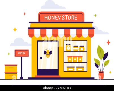 Honey Store illustration vectorielle mettant en vedette des produits naturels tels que des pots de miel, des abeilles et des nids d'abeilles pour la consommation dans un fond de style plat Illustration de Vecteur