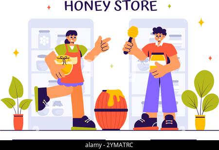 Honey Store illustration vectorielle mettant en vedette des produits naturels tels que des pots de miel, des abeilles et des nids d'abeilles pour la consommation dans un fond de style plat Illustration de Vecteur