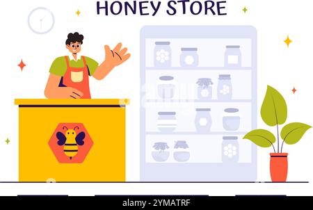 Honey Store illustration vectorielle mettant en vedette des produits naturels tels que des pots de miel, des abeilles et des nids d'abeilles pour la consommation dans un fond de style plat Illustration de Vecteur