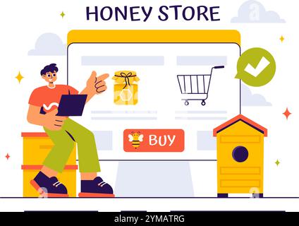 Honey Store illustration vectorielle mettant en vedette des produits naturels tels que des pots de miel, des abeilles et des nids d'abeilles pour la consommation dans un fond de style plat Illustration de Vecteur