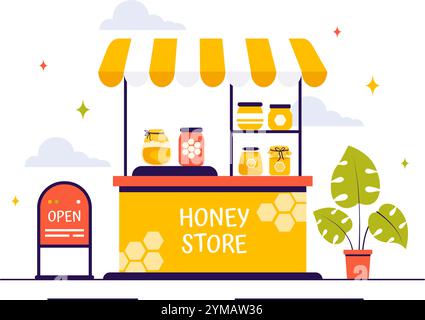 Honey Store illustration vectorielle mettant en vedette des produits naturels tels que des pots de miel, des abeilles et des nids d'abeilles pour la consommation dans un fond de style plat Illustration de Vecteur