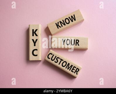 KYC - connaissez votre client. Cubes en bois avec le mot KYC. Beau fond rose. Business et Know Your Customer concept. Copier l'espace. Banque D'Images