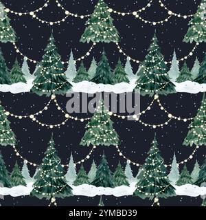 Nuit du réveillon de Noël de neige avec des sapins décorés de guirlandes lumineuses motif aquarelle sans couture sur bleu foncé Banque D'Images
