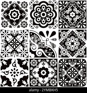 Modèle vectoriel sans couture de tuile de style talavera mexicain avec des fleurs en noir et blanc, conception de tuiles décoratives monochromes Illustration de Vecteur