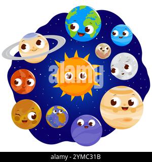 Jolies planètes du système solaire dans le ciel. Le Soleil, Mercure, Vénus, la Terre, Saturne et Pluton dans l'espace. Banque D'Images