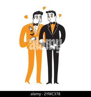 Couples homosexuels célébrant l'amour, proposition, marche, Saint Valentin gay, mariage. Famille LGBT, fierté, relations, petit ami romantique, transgenre, h Illustration de Vecteur
