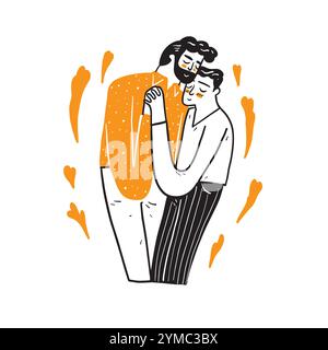 Mignon couple homosexuel s'embrasse et s'embrasse. Illustration vectorielle isolée. Dessin animé style doodle. Illustration de Vecteur