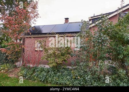 Très petit panneau solaire résidentiel sur un hangar d'une maison néerlandaise, montrant qui est le succès de la politique néerlandaise pour l'énergie verte. Banque D'Images