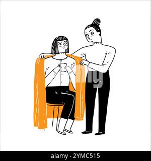 La meilleure amie féminine prenant soin d'un ami malade, illustration vectorielle dessinée à la main Illustration de Vecteur