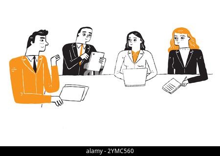 Le groupe de gestionnaires de travailleurs d'affaires et les employés de réunion, dessin à la main illustration vectorielle doodle style d'art de ligne. Illustration de Vecteur