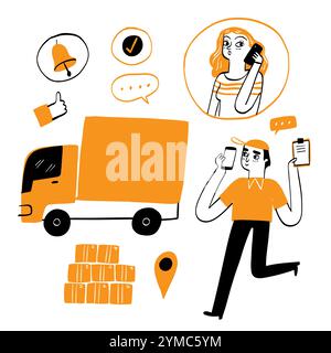 Concept de service de livraison en ligne, suivi de commande en ligne, livraison à domicile et au bureau. Logistique de ville, camion, courrier, livreur, sur mobile, dessiné à la main Illustration de Vecteur