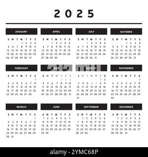 Calendrier 2025 avec des boîtes en noir et blanc couleurs 4 colonnes - Anglais Illustration de Vecteur