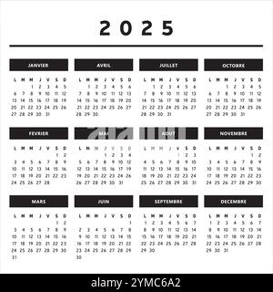 Calendrier 2025 avec boîtes en noir et blanc couleurs 4 colonnes - Français Illustration de Vecteur